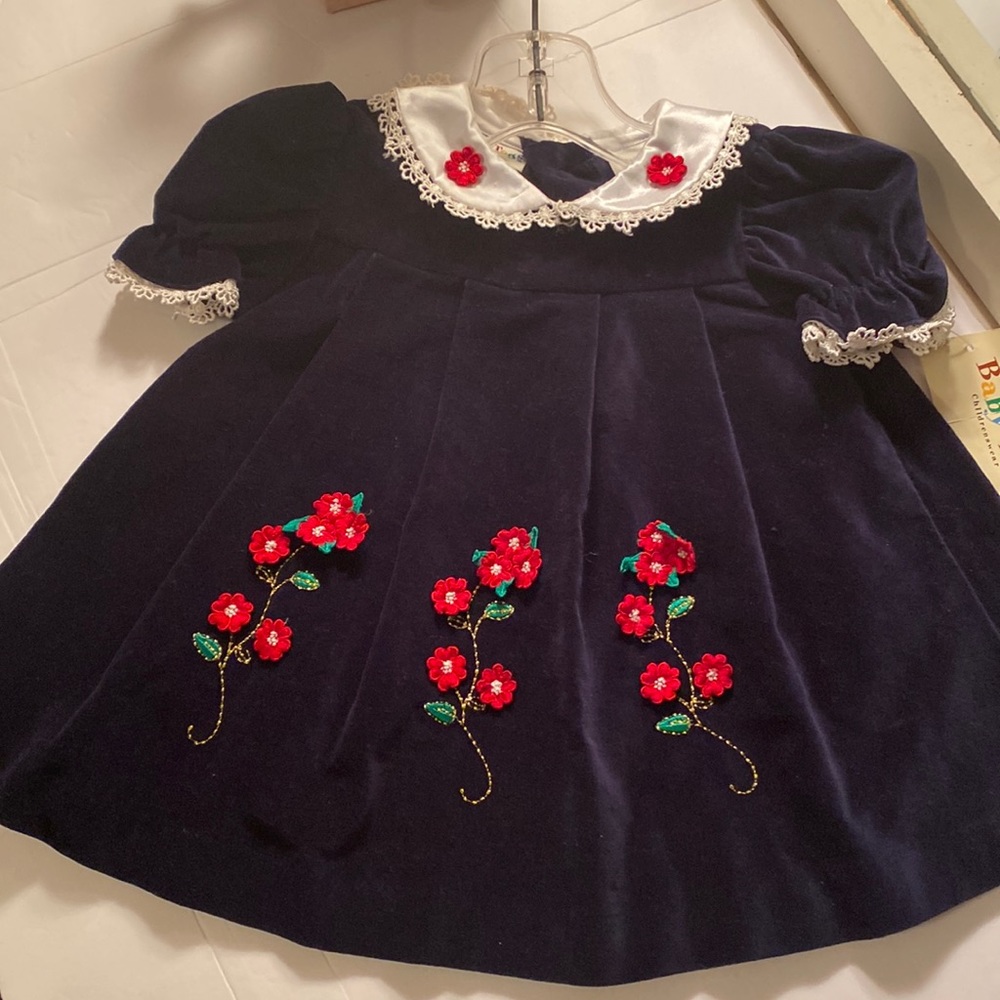 Dark blue velvet baby dress.